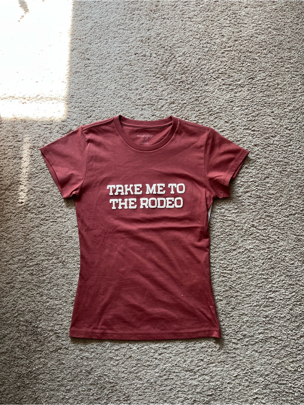 Wrangler Women's Snug Fit 'Take Me To The Rodeo' Tee - Maroon with White Print